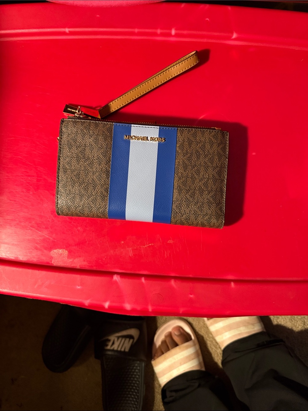 Michael Kors Brown Wristlet with Blue and Light Blue Stripe